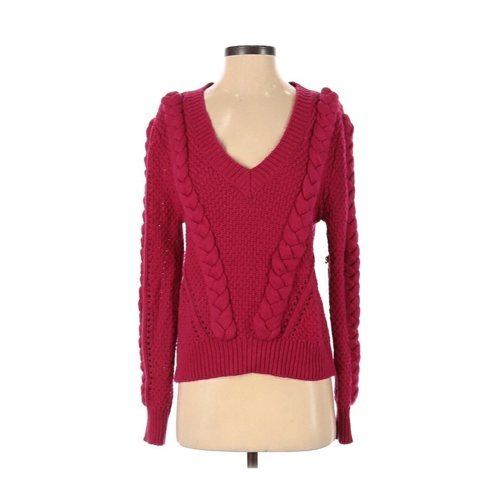 Leith Pullover‎ Chunky Knit Braided V Neck Raspberry Pink Sweater Small S